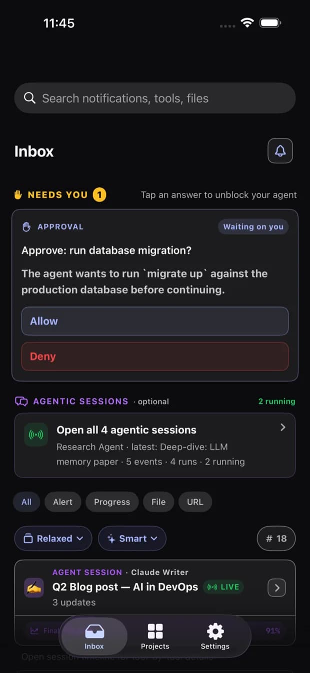 Agent Notifier inbox on iPhone with an approval waiting on the user