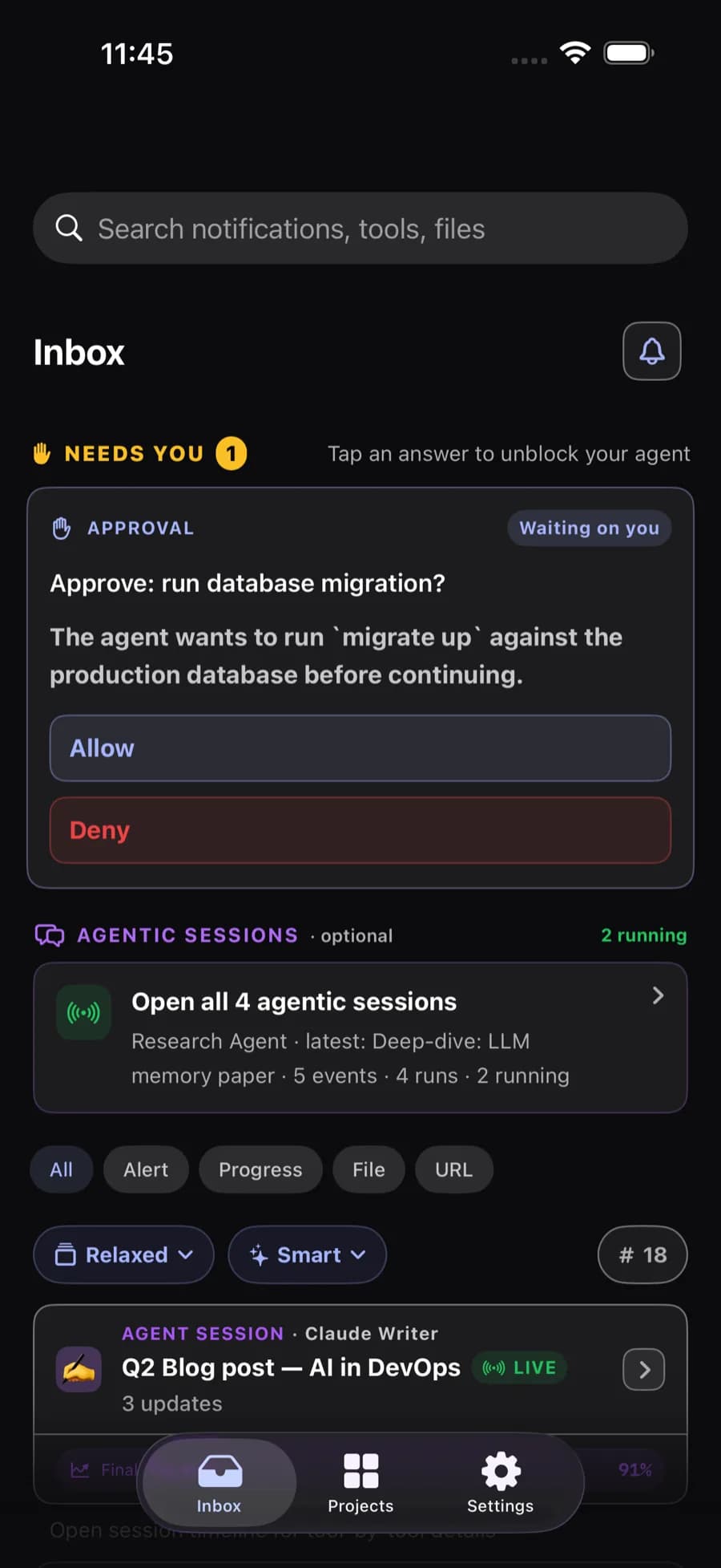 Agent Notifier inbox on iPhone showing an approval request waiting on the user