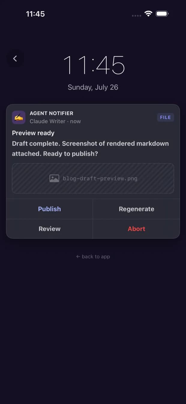 Lock screen notification with Publish, Regenerate, Review, and Abort actions
