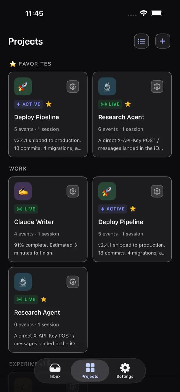 Agent Notifier projects list on iPhone with per-project colours and live status