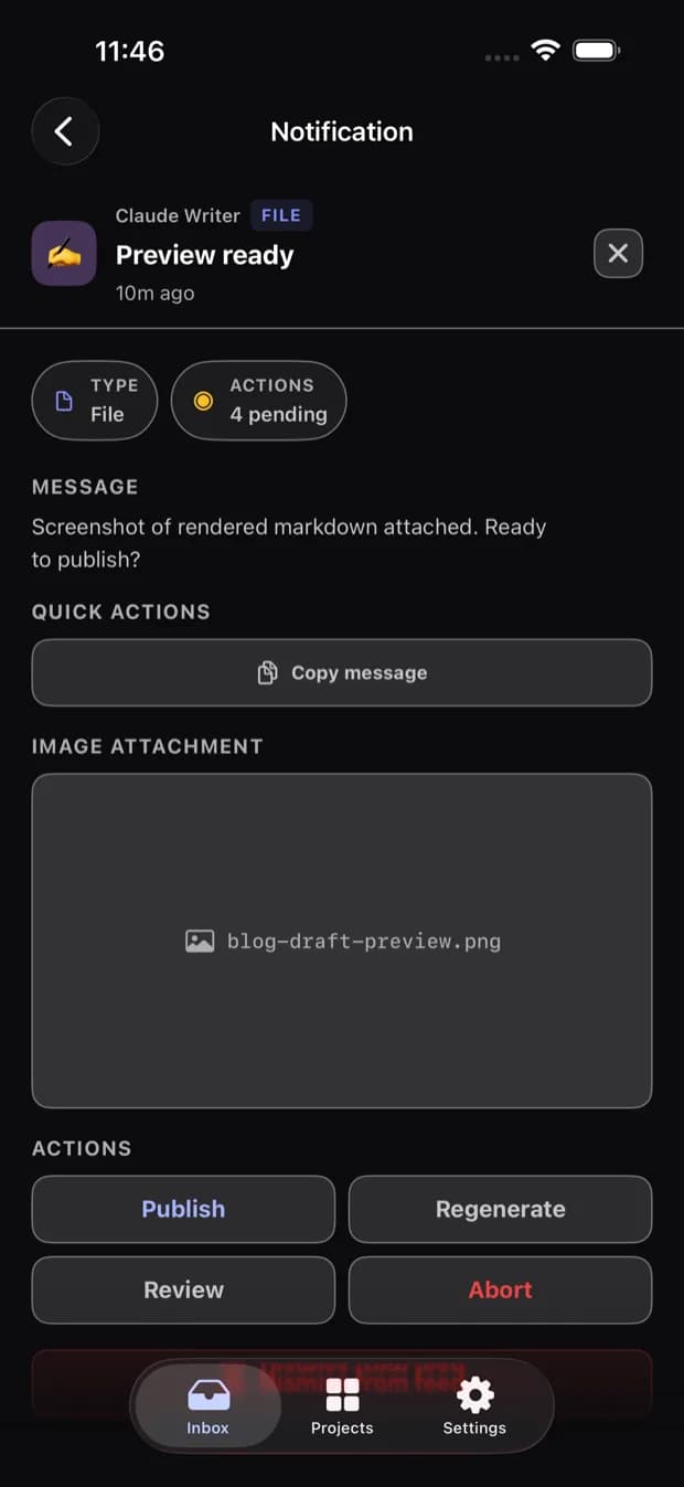 Notification detail with an attached file preview and action buttons
