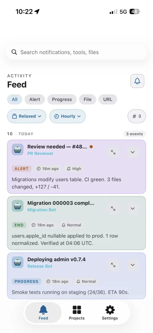 Agent Notifier feed on iPhone showing real agent notifications