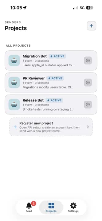 Agent Notifier projects list on iPhone