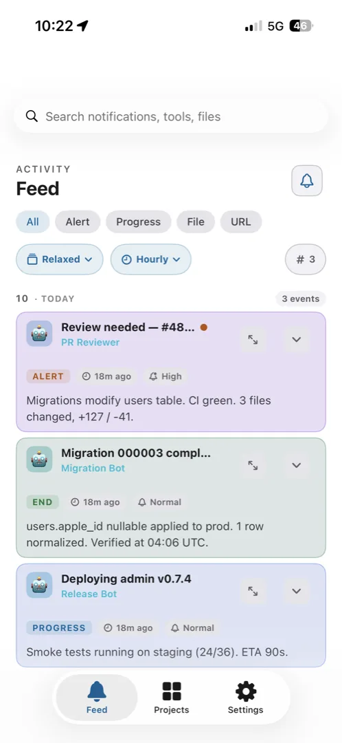 Agent Notifier feed on iPhone showing real agent notifications